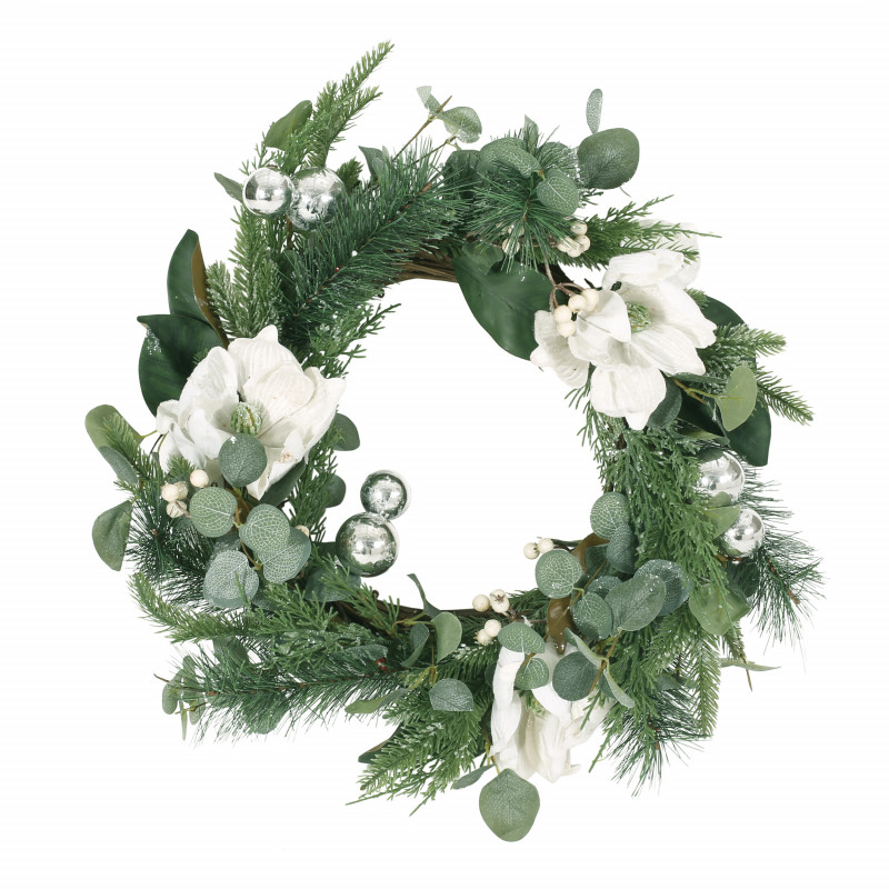 Mariette 21.75" Eucalyptus and Pine Artificial Wreath with Magnolias, Green and White