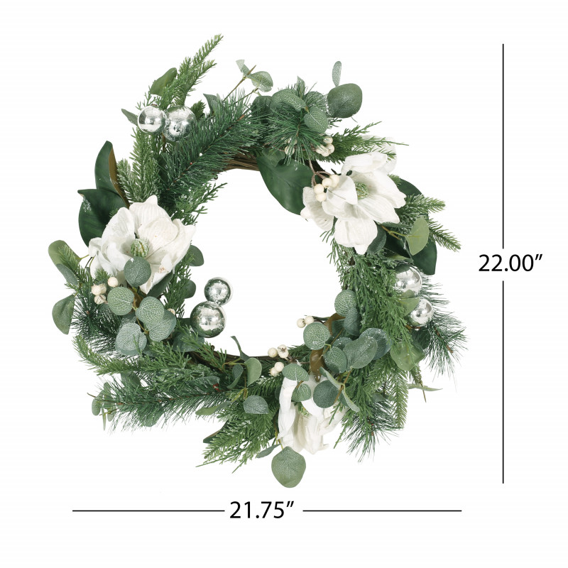 316192 Mariette 21.75 Eucalyptus And Pine Artificial Wreath With Magnolias Green And White 3