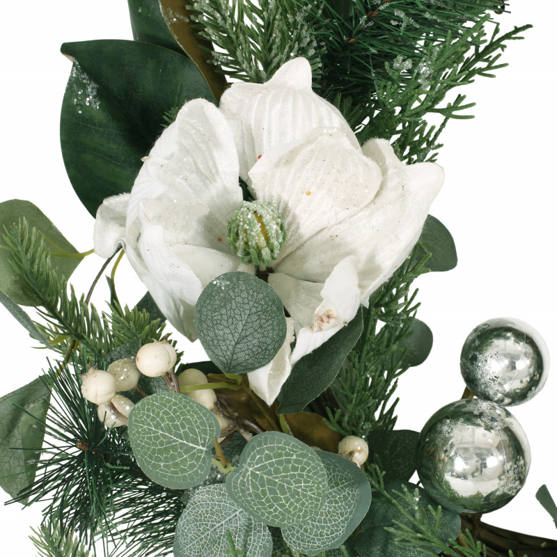 316192 Mariette 21.75 Eucalyptus And Pine Artificial Wreath With Magnolias Green And White 4