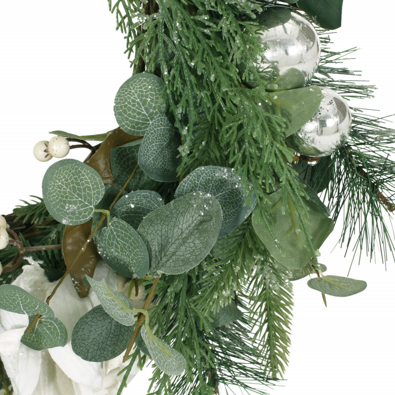 316192 Mariette 21.75 Eucalyptus And Pine Artificial Wreath With Magnolias Green And White 5