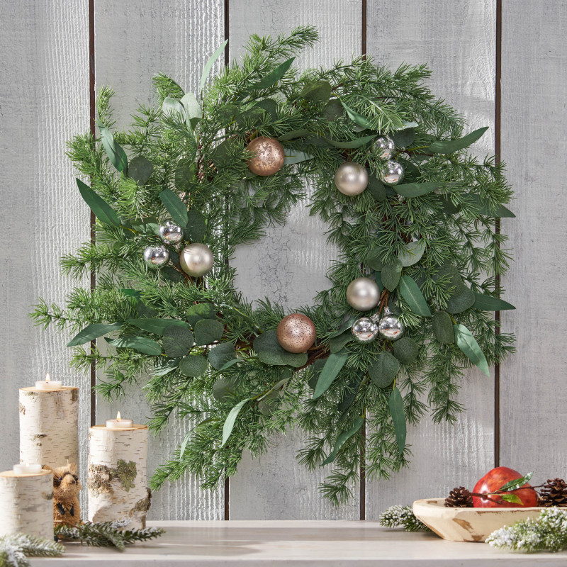 316193 Frohock 26" Pine Artificial Wreath with Ornaments, Green