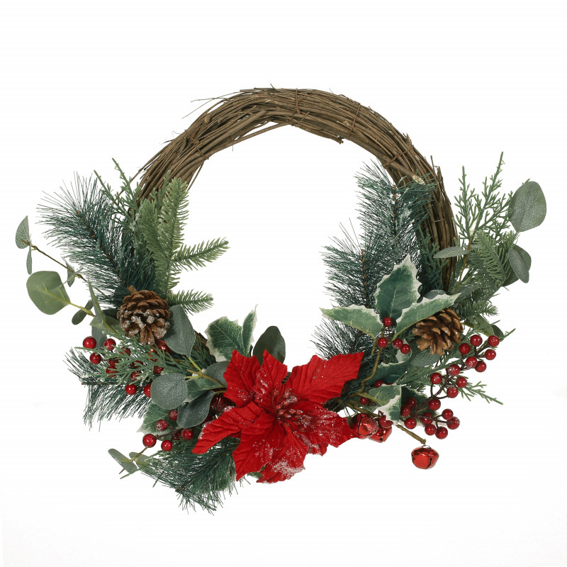316194 Mauhaut 23.5" Eucalyptus Artificial Half Wreath with Poinsettia and Berries, Green and Red