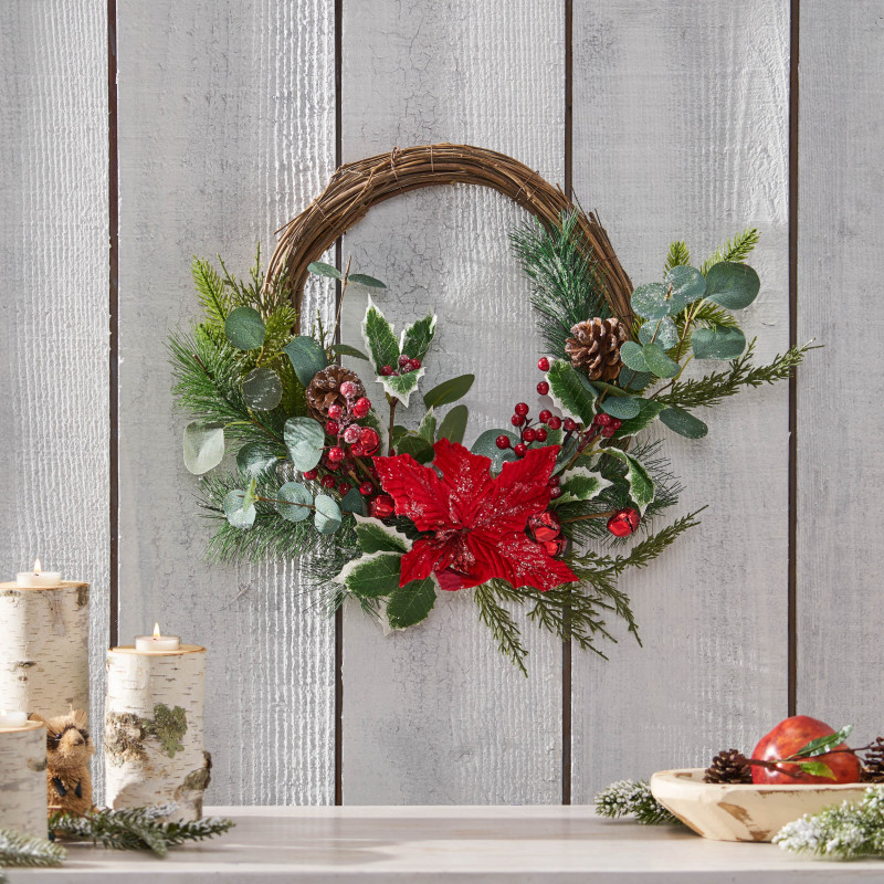 316194 Mauhaut 23.5" Eucalyptus Artificial Half Wreath with Poinsettia and Berries, Green and Red