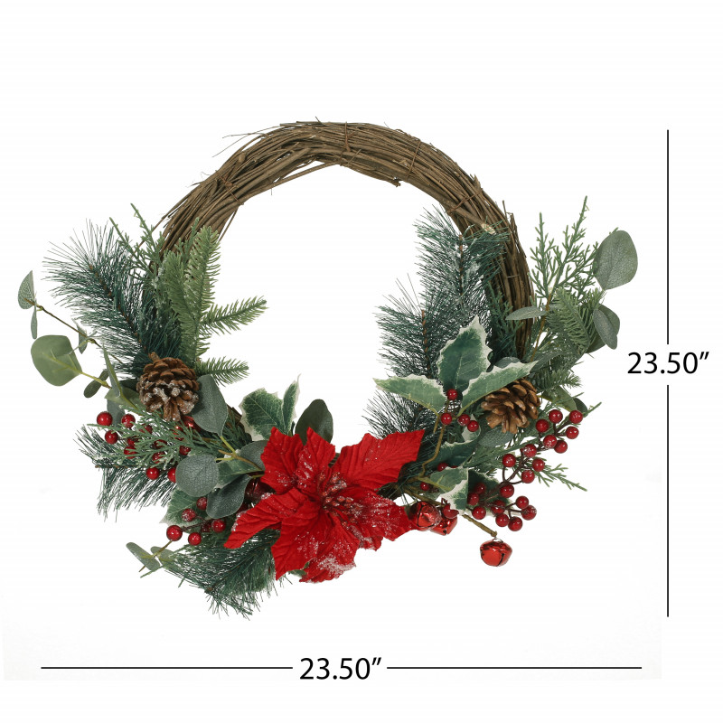 316194 Mauhaut 23.5 Eucalyptus Artificial Half Wreath With Poinsettia And Berries Green And Red 3