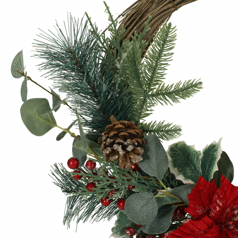 316194 Mauhaut 23.5 Eucalyptus Artificial Half Wreath With Poinsettia And Berries Green And Red 4