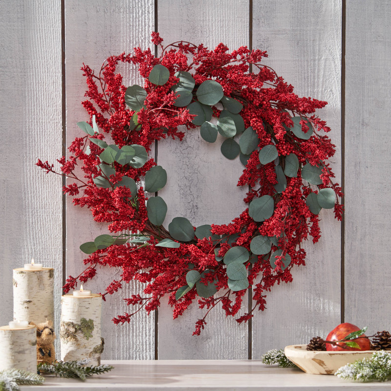 316195 Nolta 29" Eucalyptus Artificial Wreath with Berries, Green and Red