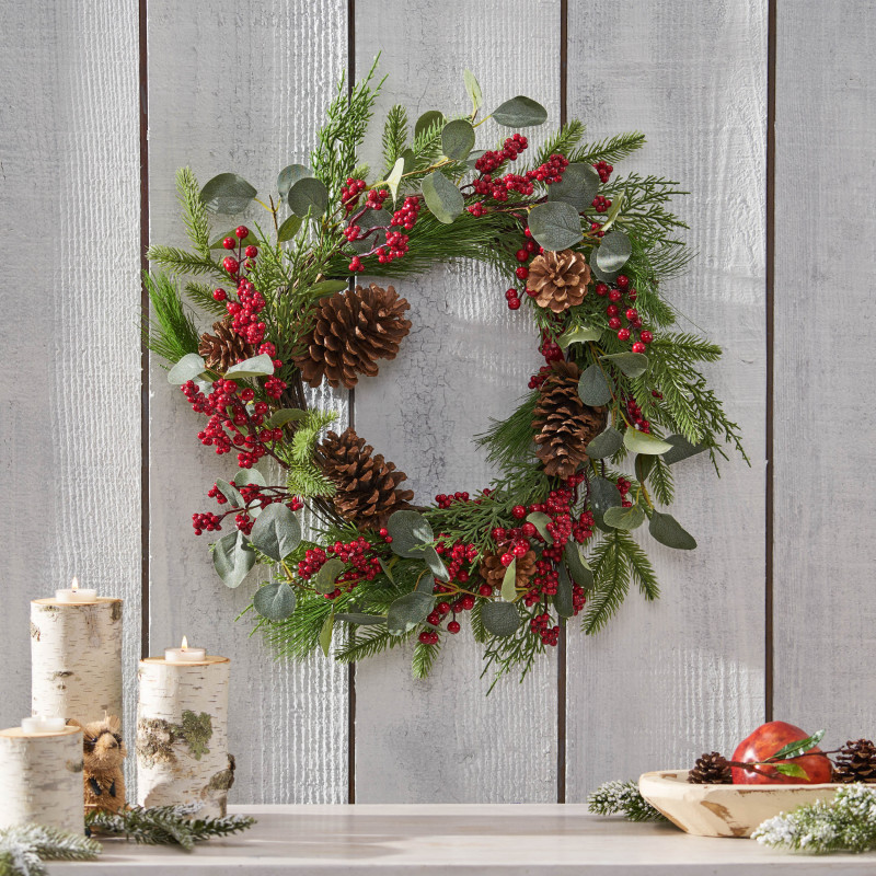 316197 McKone 22" Eucalyptus Artificial Wreath with Berries and Pinecones, Green and Red