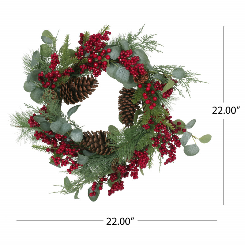 316197 Mckone 22 Eucalyptus Artificial Wreath With Berries And Pinecones Green And Red 3