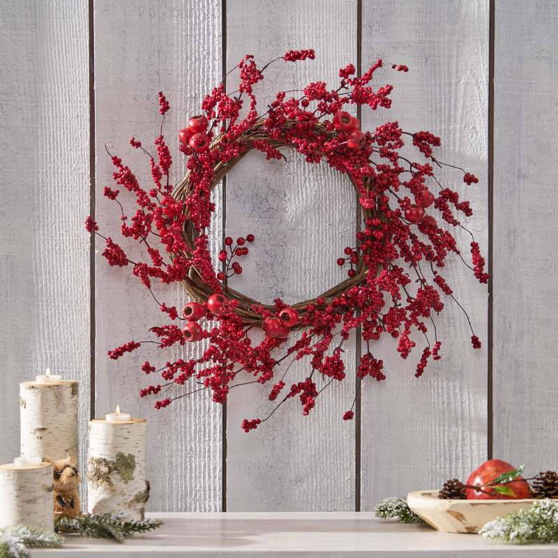 316198 Parandes 23.5" Mixed Berry Artificial Wreath, Red