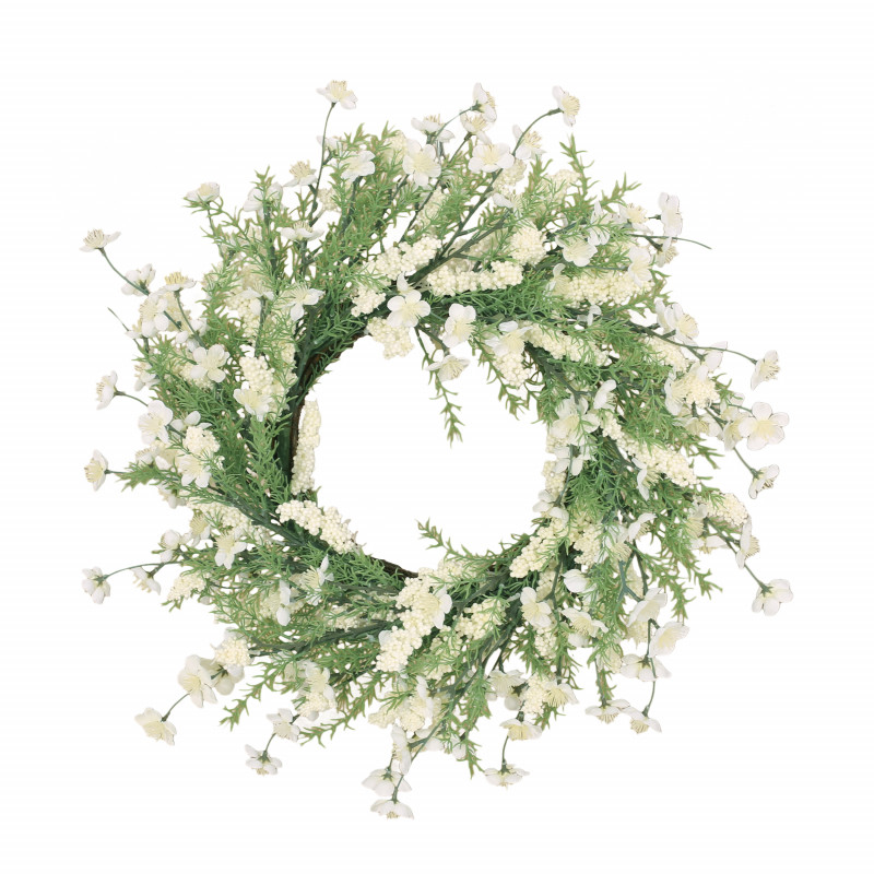Potvin 30" Plum Blossom Artificial Silk Wreath, Green and White