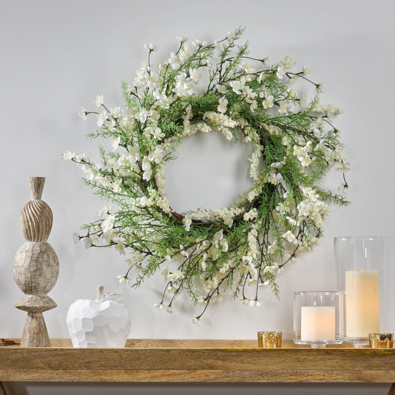 316205 Potvin 30" Plum Blossom Artificial Silk Wreath, Green and White