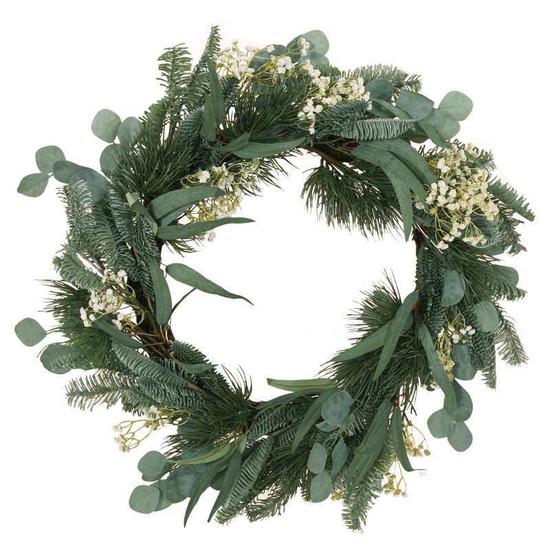 Geddes 30" Eucalyptus and Pine Artificial Silk Wreath with Baby's Breath, Green and White