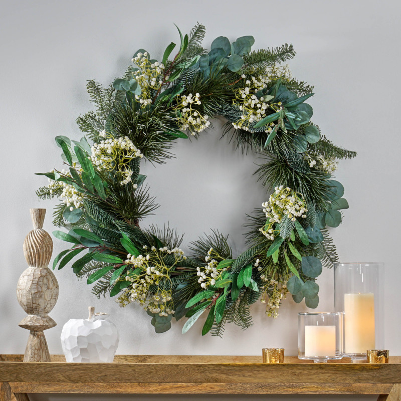 316208 Geddes 30" Eucalyptus and Pine Artificial Silk Wreath with Baby's Breath, Green and White