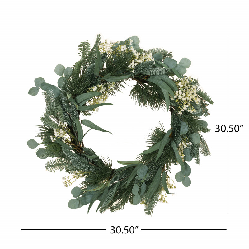 316208 Geddes 30 Eucalyptus And Pine Artificial Silk Wreath With Baby S Breath Green And White 3