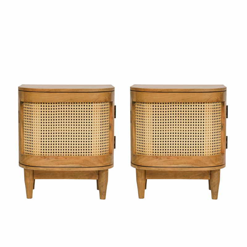 Durette Rustic Handmade Wood and Cane Nightstand Cabinets (Set of 2), in Natural by Noble House