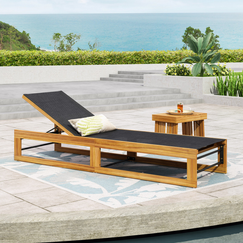 316326 Emile Outdoor Mesh and Wood Adjustable Chaise Lounge, Black and Teak