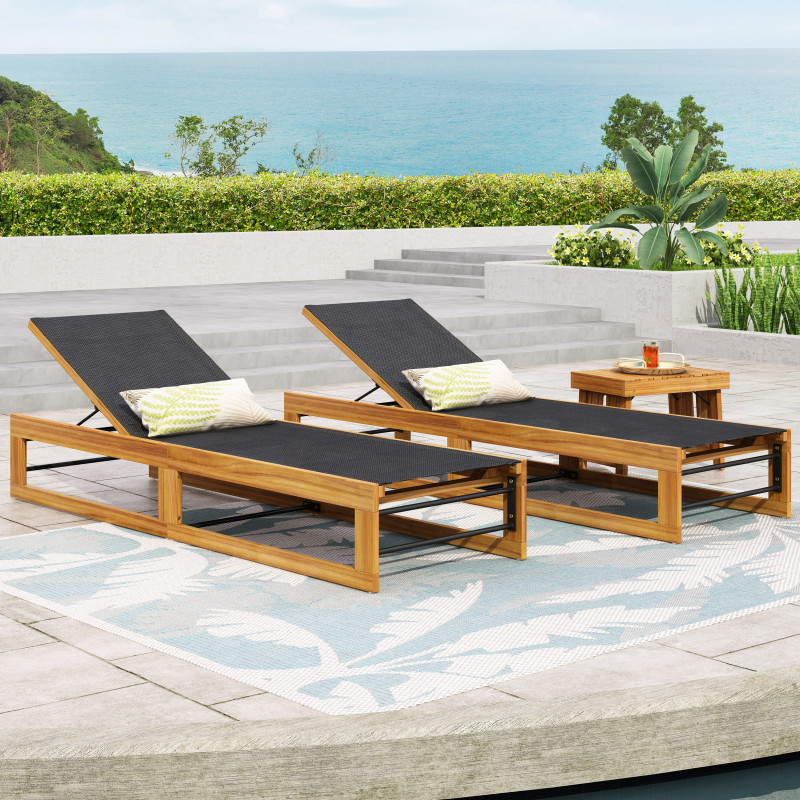 316327 Emile Outdoor Mesh and Wood Adjustable Chaise Lounges (Set of 2), Black and Teak