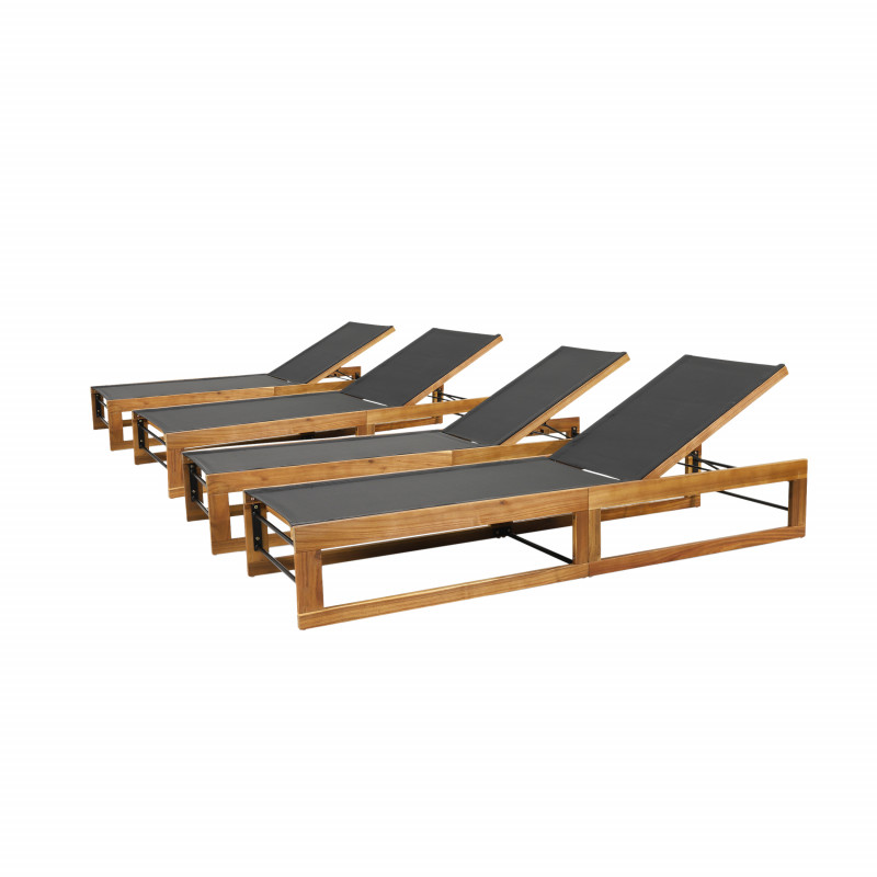 316328 Emile Outdoor Mesh and Wood Adjustable Chaise Lounges (Set of 4), Black and Teak