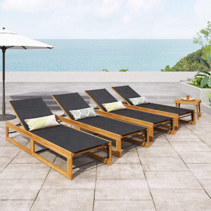 316328 Emile Outdoor Mesh and Wood Adjustable Chaise Lounges (Set of 4), Black and Teak