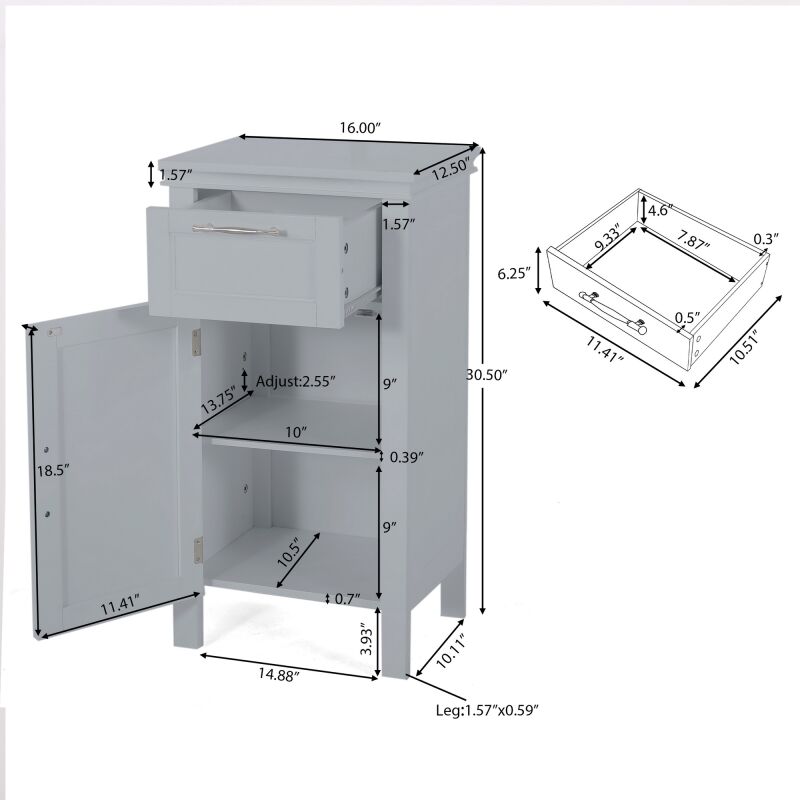 Edgell Modern Bathroom Floor Storage Cabinet with Drawer, Gray