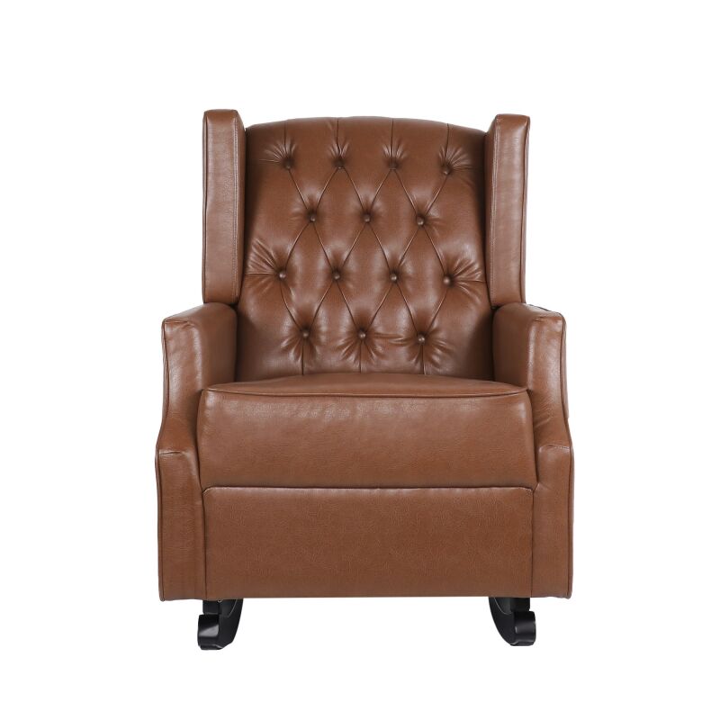 317092 Carey Contemporary Faux Leather Tufted Wingback Rocking Chair, Cognac Brown and Dark Brown