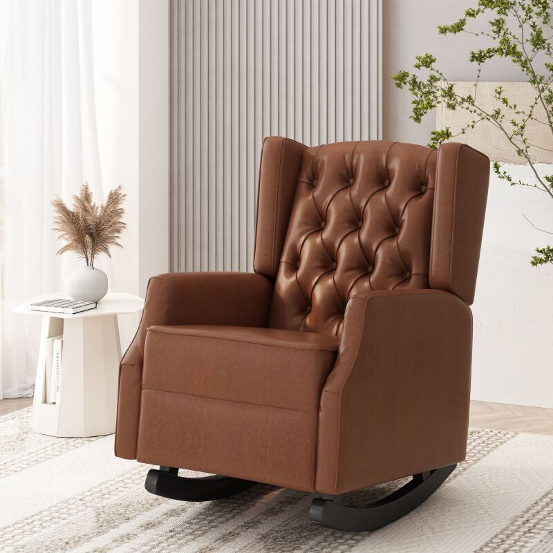 317092 Carey Contemporary Faux Leather Tufted Wingback Rocking Chair, Cognac Brown and Dark Brown