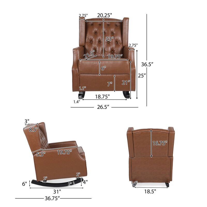 317092 Carey Contemporary Faux Leather Tufted Wingback Rocking Chair Cognac Brown And Dark Brown 3