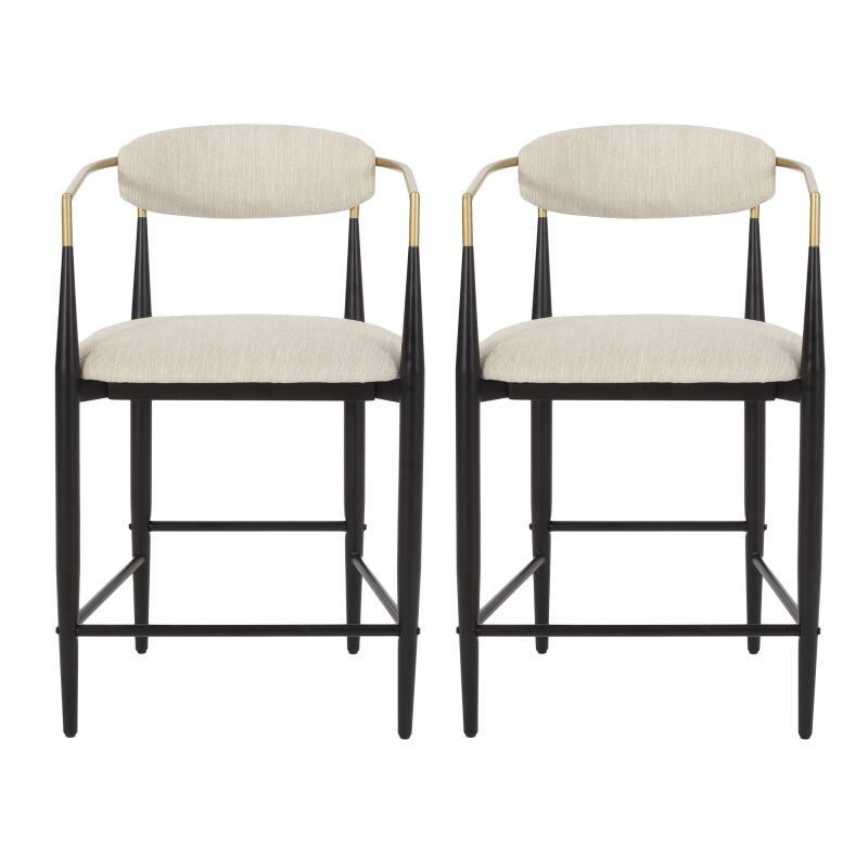 Elmore Modern Fabric Upholstered Iron 25 Inch Counter Stools (Set of 2), Beige, Black, and in Beige/Black/Gold by Noble House