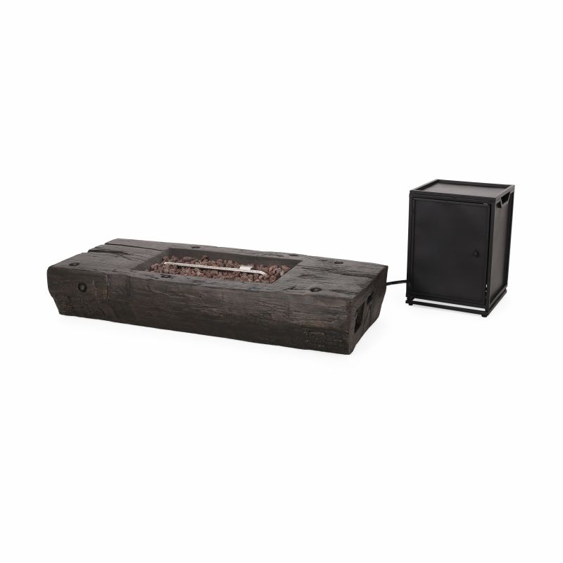 313169 Costa Outdoor Wood Finish Rectangular Fire Pit with Tank Holder, Brown and Black