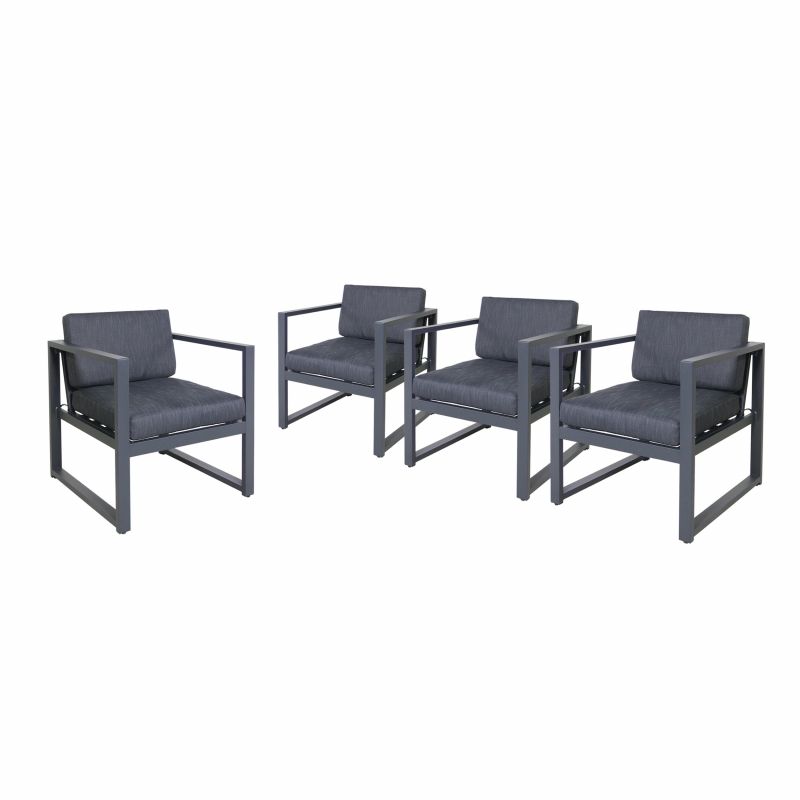 305395 Navan Outdoor Aluminum Club Chairs (Set of 4), Dark Gray and Black