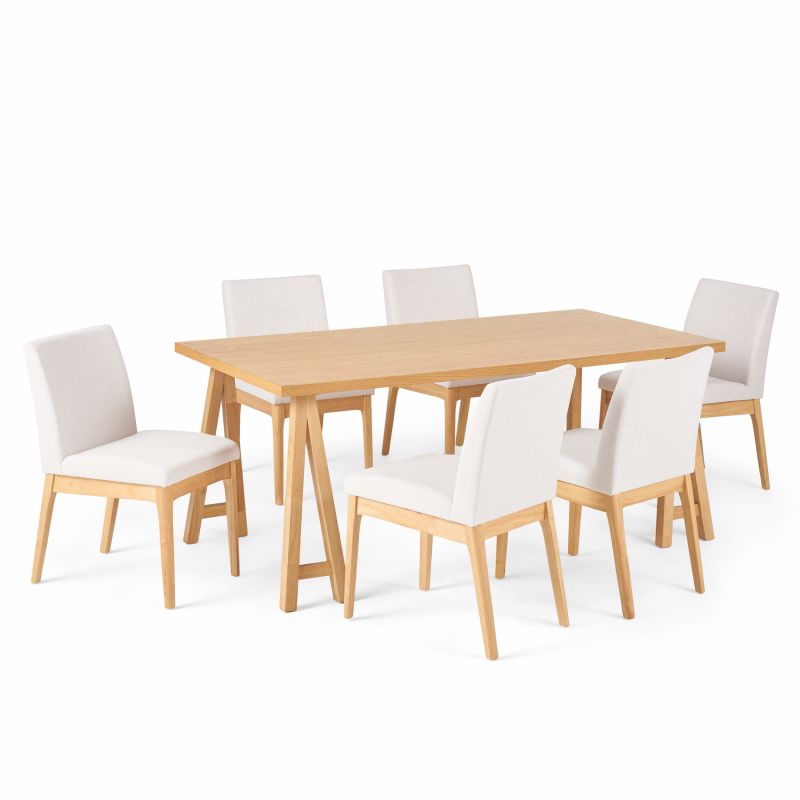 313337 Kwame Mid-Century Modern 7 Piece Dining Set with A-Frame Table, Light Beige and Natural Oak
