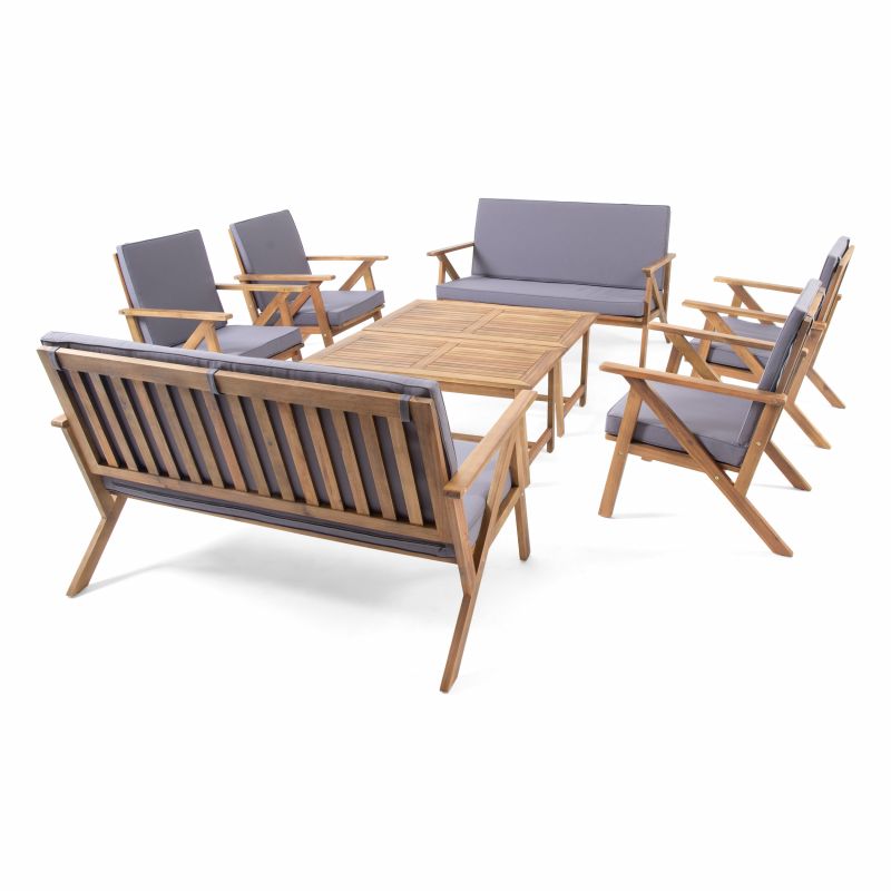312623 Panama Outdoor 8 Seater Acacia Wood Chat Set with Coffee Table, Teak and Dark Gray