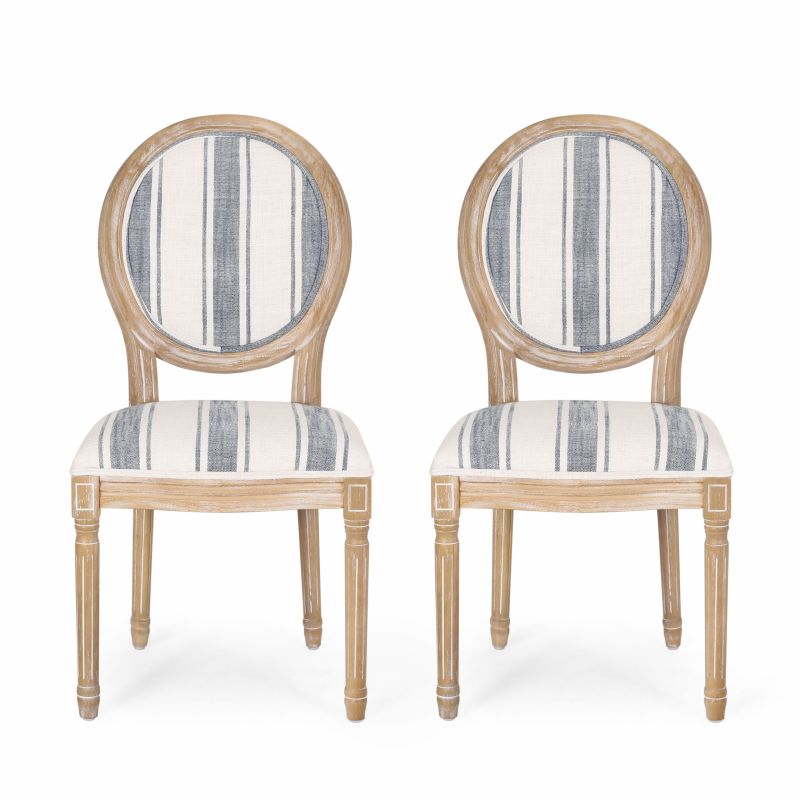 Phinnaeus French Country Fabric Dining Chairs (Set of 2), Dark Blue Stripes and Light Beige