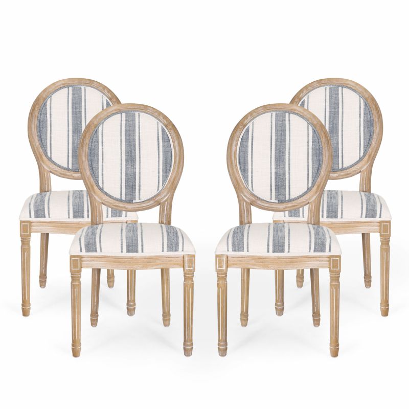 314918 Phinnaeus French Country Fabric Dining Chairs (Set of 4), Dark Blue Stripes and Light Beige