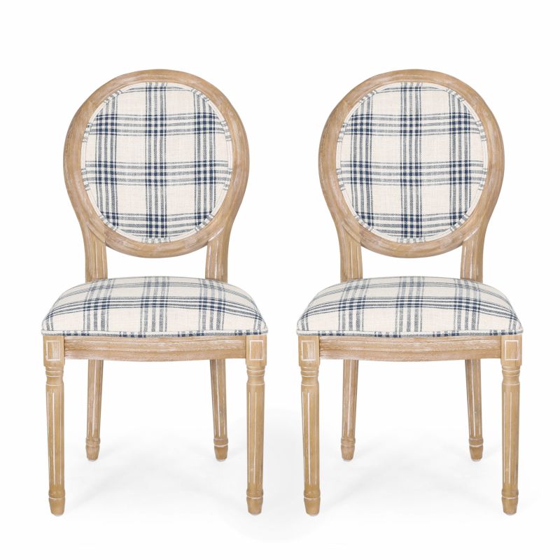 314915 Phinnaeus French Country Fabric Dining Chairs (Set of 2), Dark Blue Plaid and Light Beige