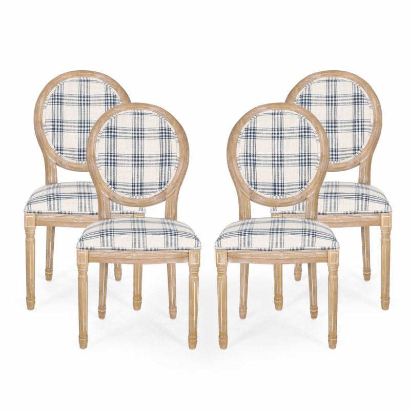 314919 Phinnaeus French Country Fabric Dining Chairs (Set of 4), Dark Blue Plaid and Light Beige