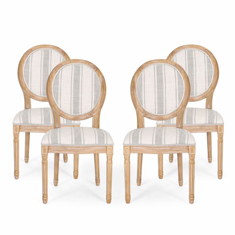 314920 Phinnaeus French Country Fabric Dining Chairs (Set of 4), Gray Stripes and Light Beige