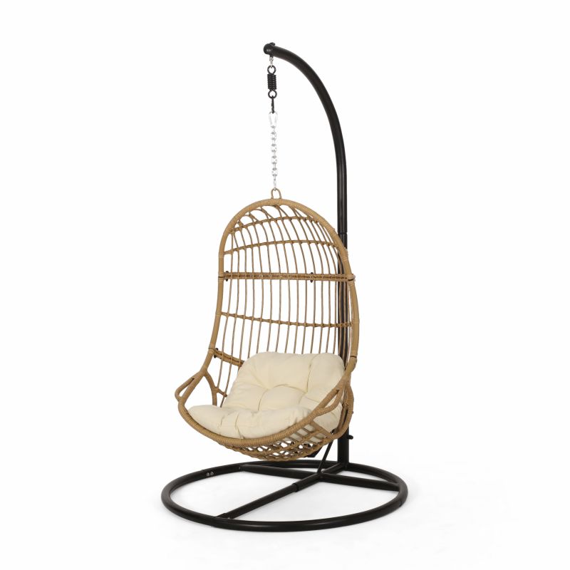 313530 Crumpton Outdoor Wicker Hanging Chair with Stand, Light Brown and Beige