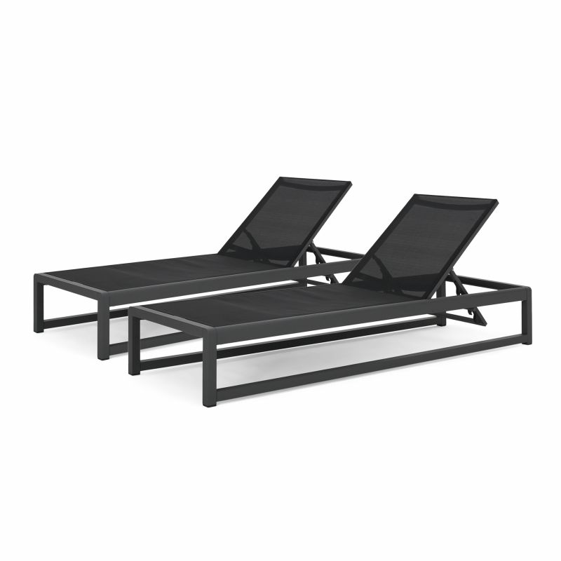 311948 Metten Outdoor Mesh Chaise Lounge (Set of 2), Black and Gray