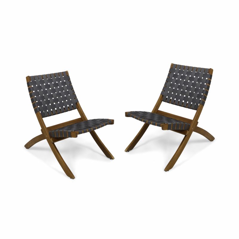 308791 Huntsville Outdoor Acacia Wood Foldable Chairs (Set of 2), Brown Patina and Gray Straps