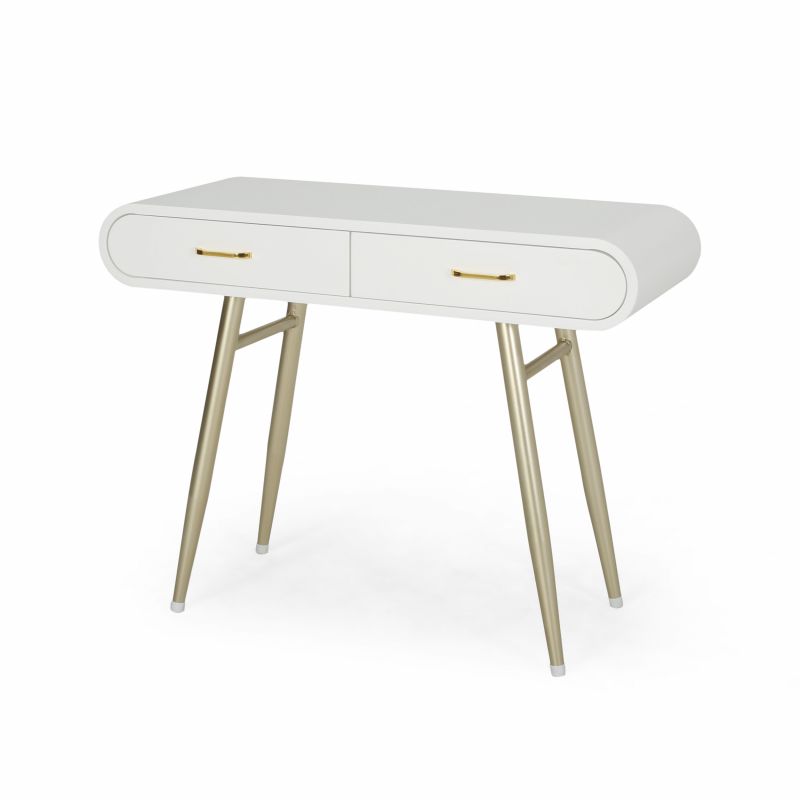 308293 Dehaviland Modern Faux Wood Vanity Table, White and Champagne Gold