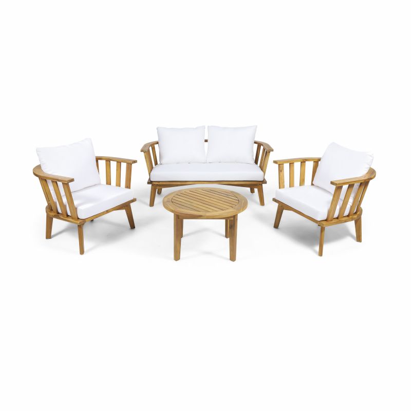 313171 Solano Outdoor Wooden Chat Set with Round Coffee Table, White and Teak Finish
