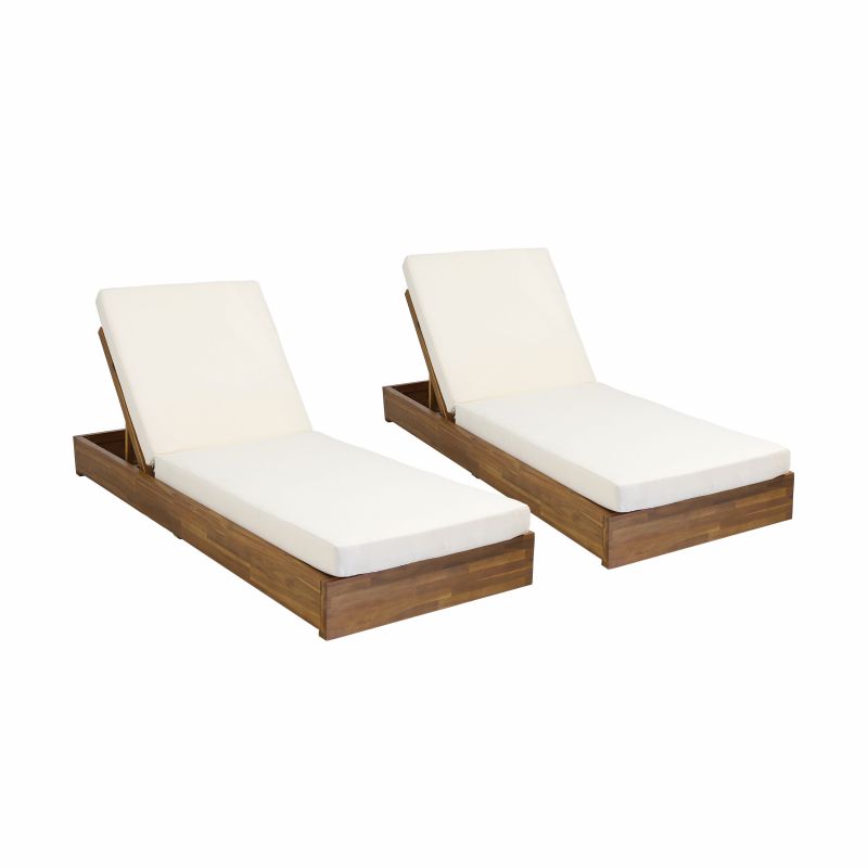 313415 Ian Outdoor Acacia Wood Chaise Lounge with Cushion (Set of 2), Teak and Cream