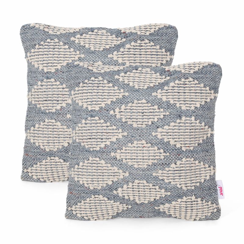 312197 Brittany Boho Handcrafted Fabric Throw Pillow (Set of 2), Blue and Natural