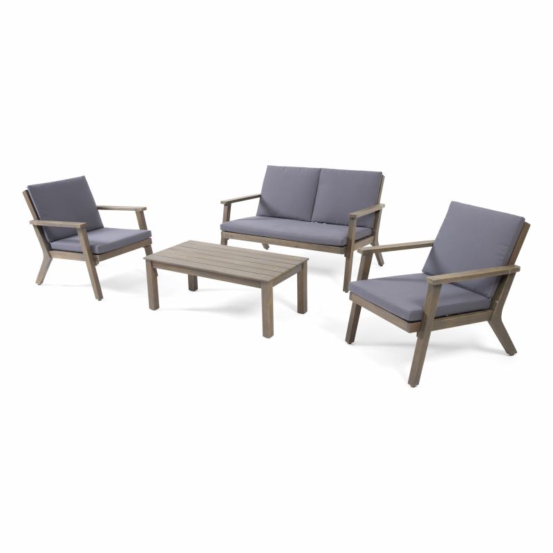 312150 Temecula Outdoor Acacia Wood 4 Seater Chat Set with Cushions, Gray and Dark Gray