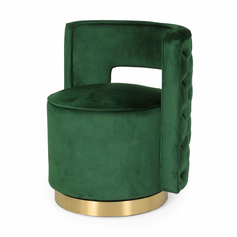 314822 Cardan Modern Glam Round Open Back Velvet Swivel Club Chair, Emerald and Copper