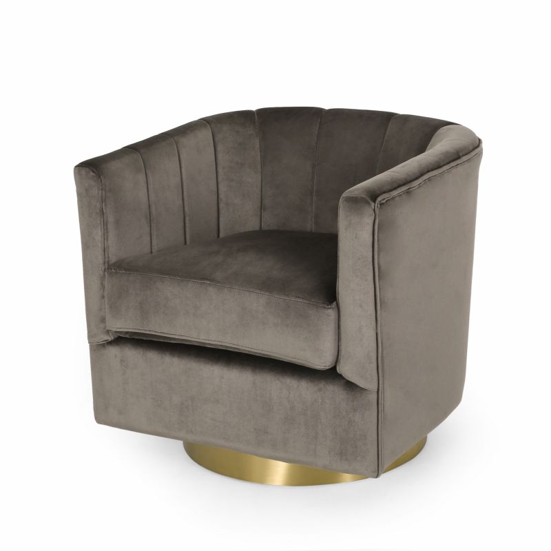 314829 Conrail Modern Glam Channel Stitch Velvet Swivel Club Chair, Gray and Copper