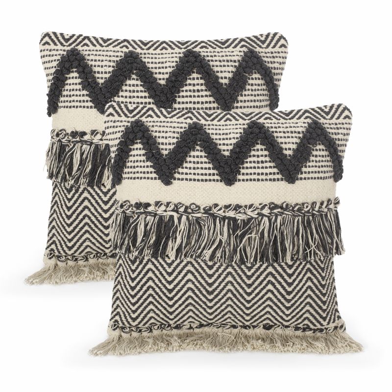 312535 Atwick Hand-Loomed Boho Throw Pillow (Set of 2), Beige and Dark Gray