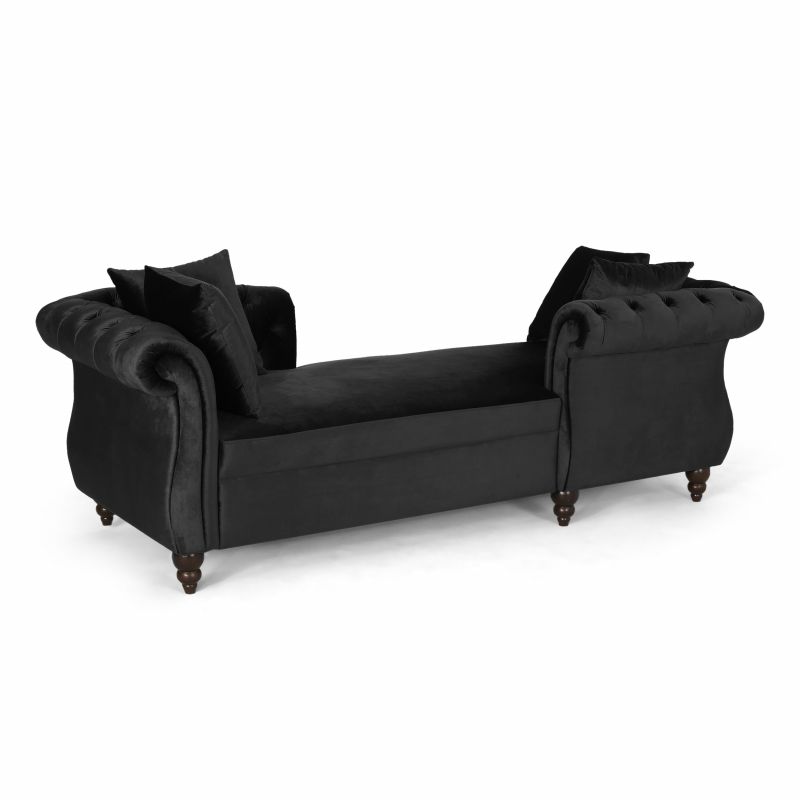314836 Houck Modern Glam Tufted Velvet Tete-a-Tete Chaise Lounge with Accent Pillows, Black and Dark Brown