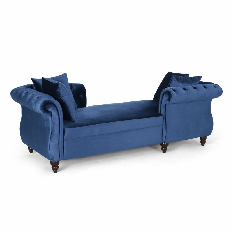 314838 Houck Modern Glam Tufted Velvet Tete-a-Tete Chaise Lounge with Accent Pillows, Navy Blue and Dark Brown